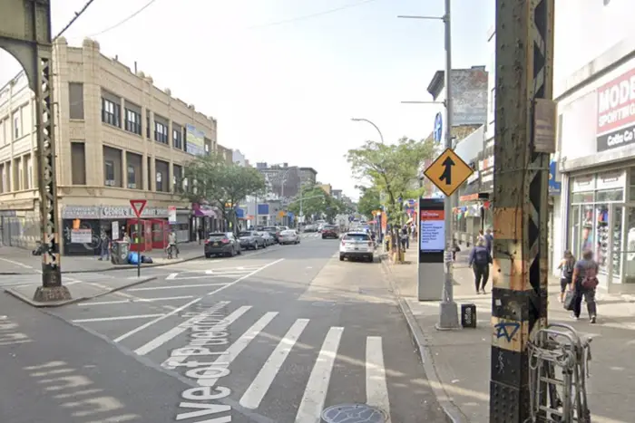 The intersection of Broadway and Graham Avenue in East Williamsburg, where a woman crossing Graham was hit and killed by a man who was charged with manslaughter and DWI.